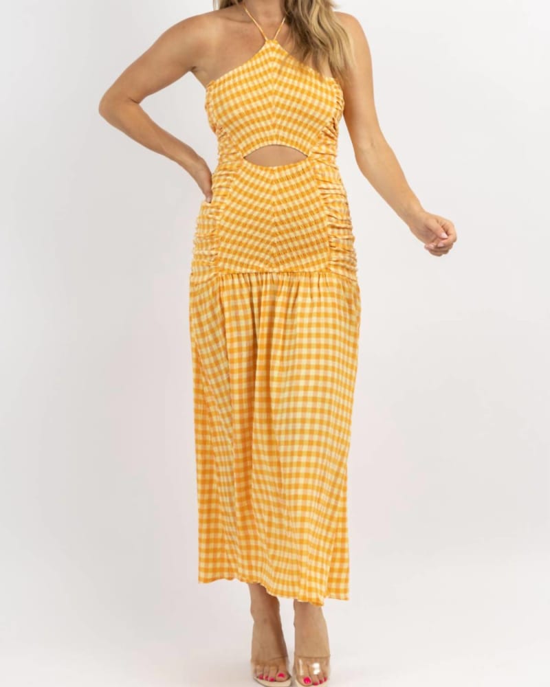 Front of a model wearing a size L Lolita Gingham Smock Maxi Dress In Orange in Orange by fanco. | dia_product_style_image_id:359414